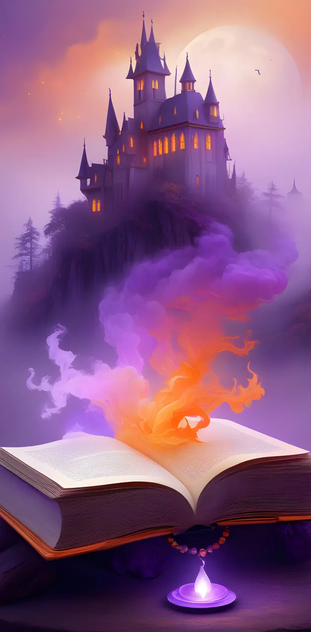 a book and a castle on fire