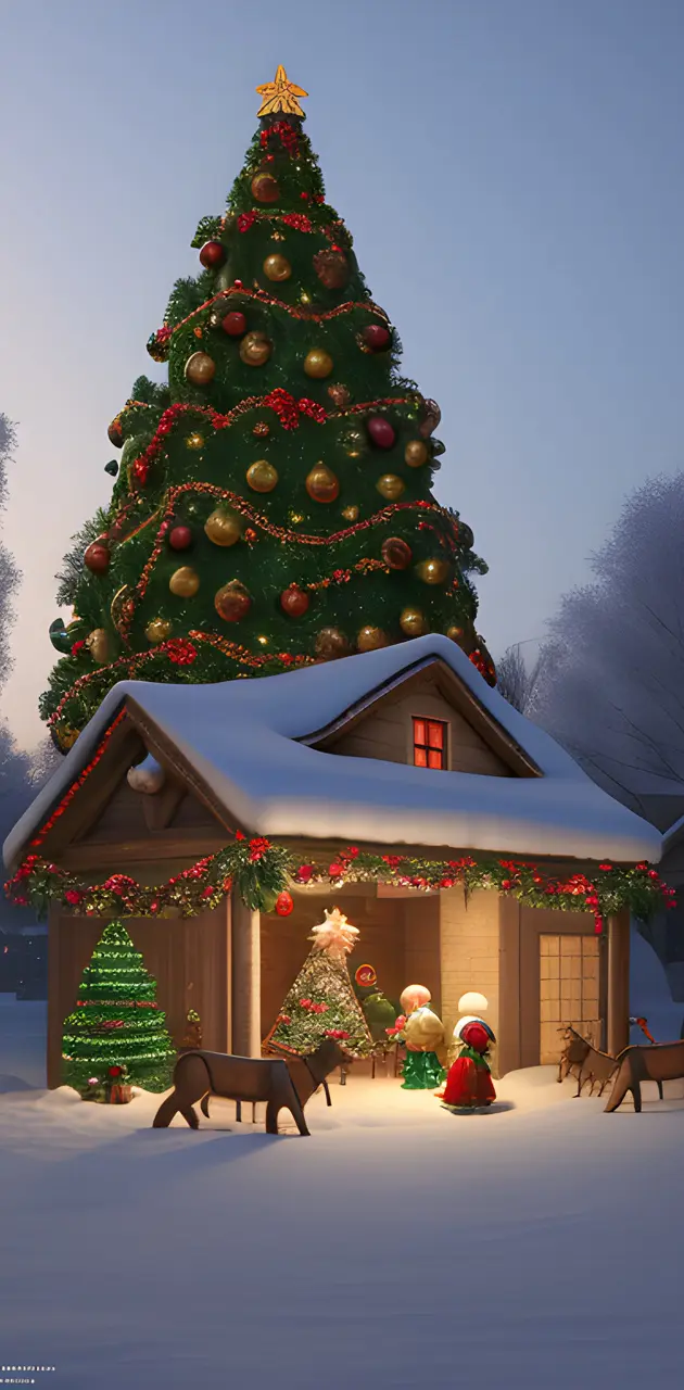 a christmas tree with decorations and a house in the snow