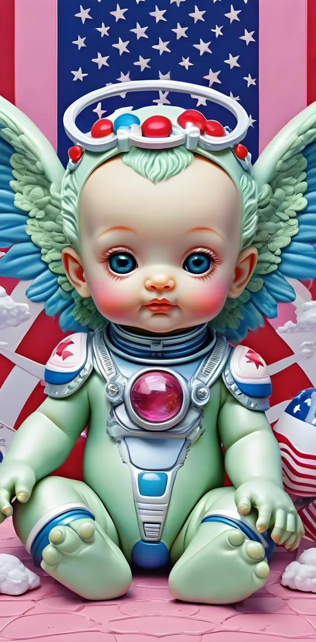 a doll with a flag in the background