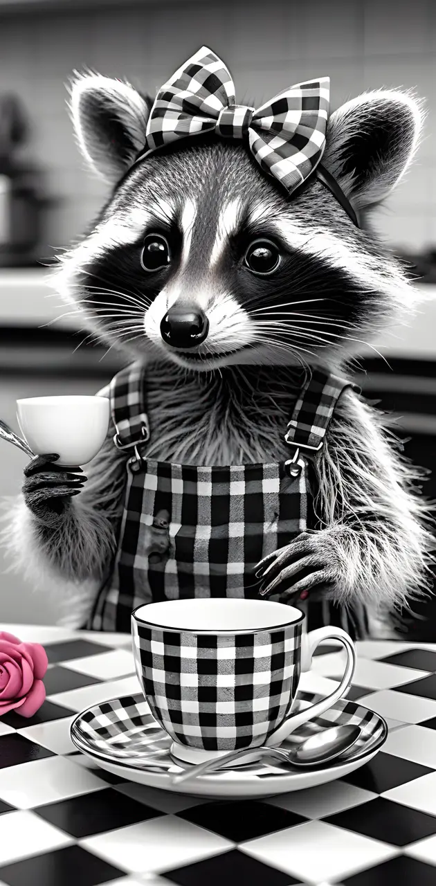 a raccoon wearing a hat and holding a cup of coffee
