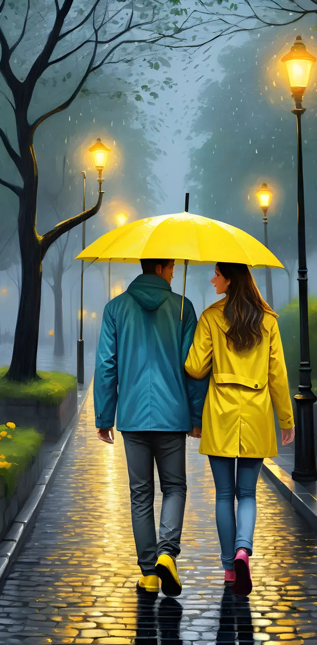 A couple tsking a rainy night walk