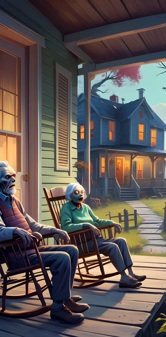 a skeleton man and woman sitting on a bench in front of a house