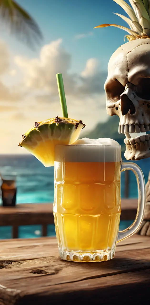 a glass of liquid with a skull and a drink in it