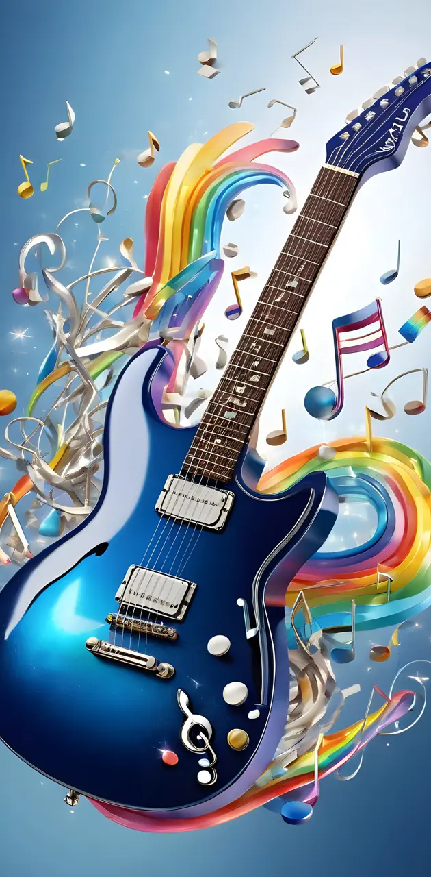 rainbow splash, blue, guitar, music,
