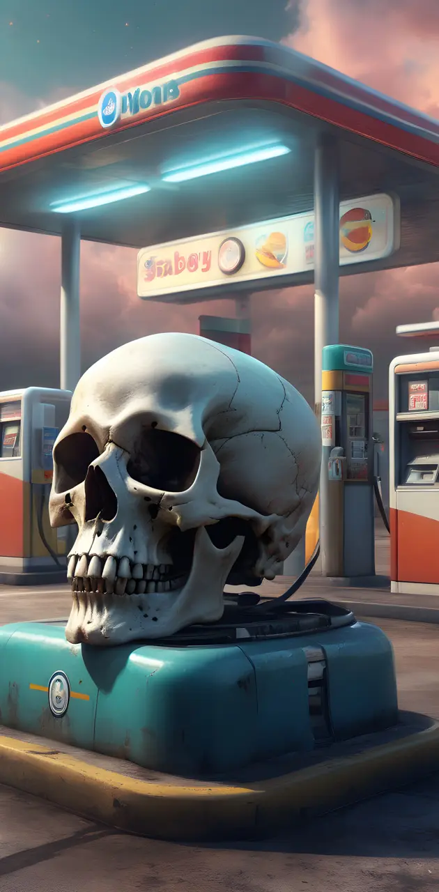 a skull at a gas station