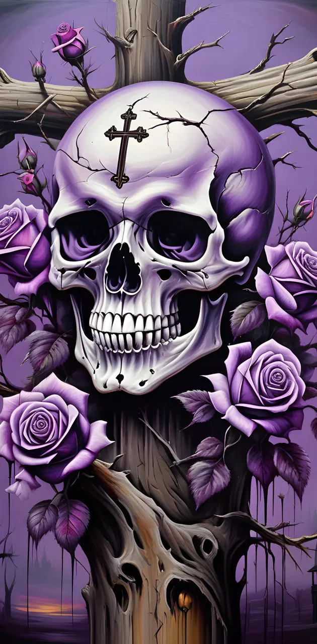 Purple Roses, Skull, Tree