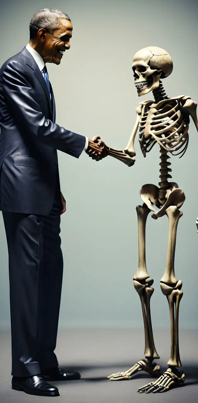 a man in a suit and tie holding a skeleton