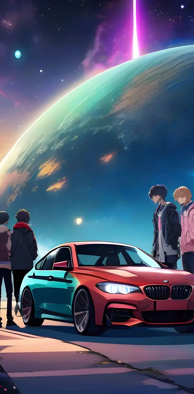 a group of people standing next to a car with a rainbow in the