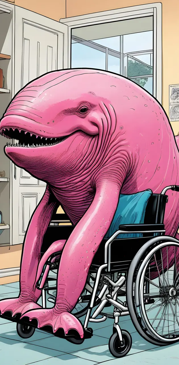pink whale in a wheelchair