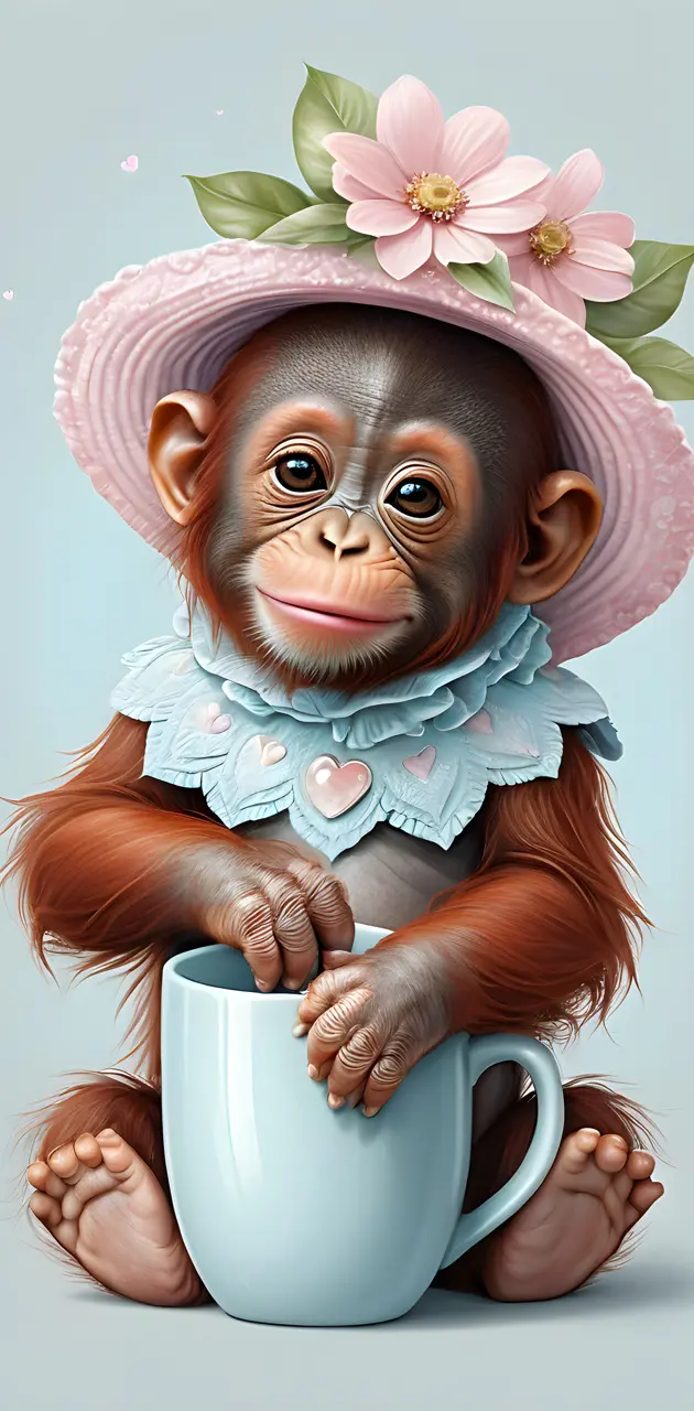 a monkey wearing a hat and holding a tea cup