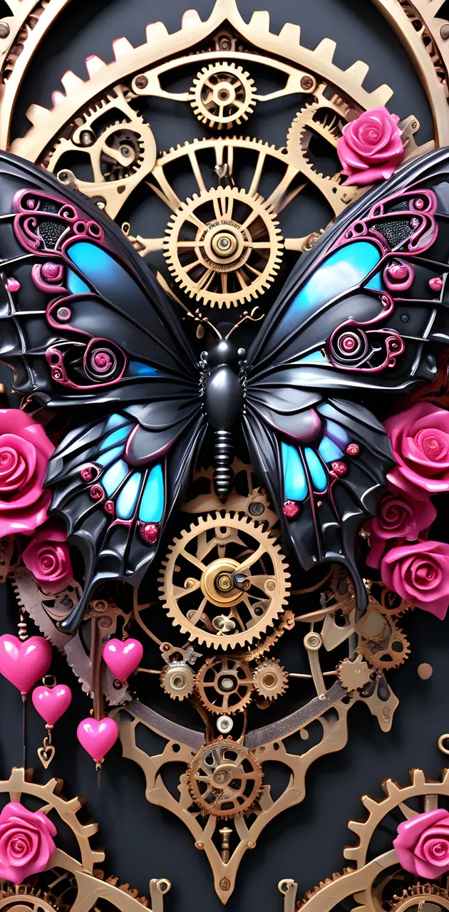 steampunk bright pink rose butterfly
