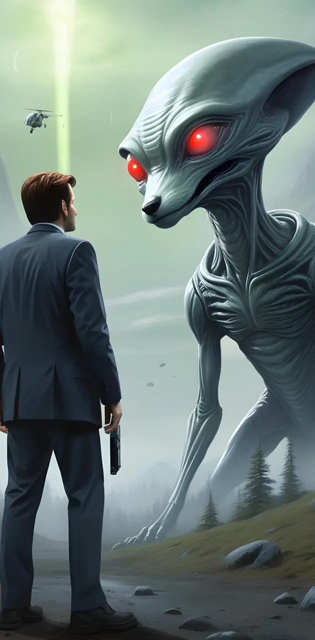 Fox Mulder facing giant Alien
