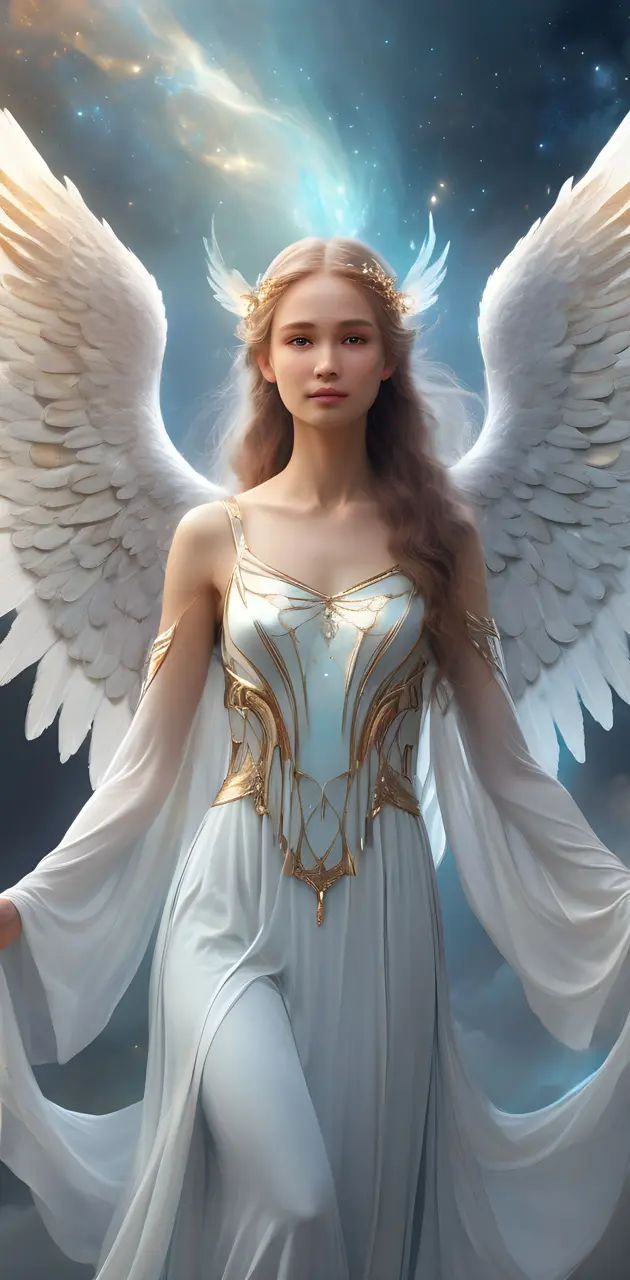 Emmanuelle Vera in a white dress with wings and a gold necklace