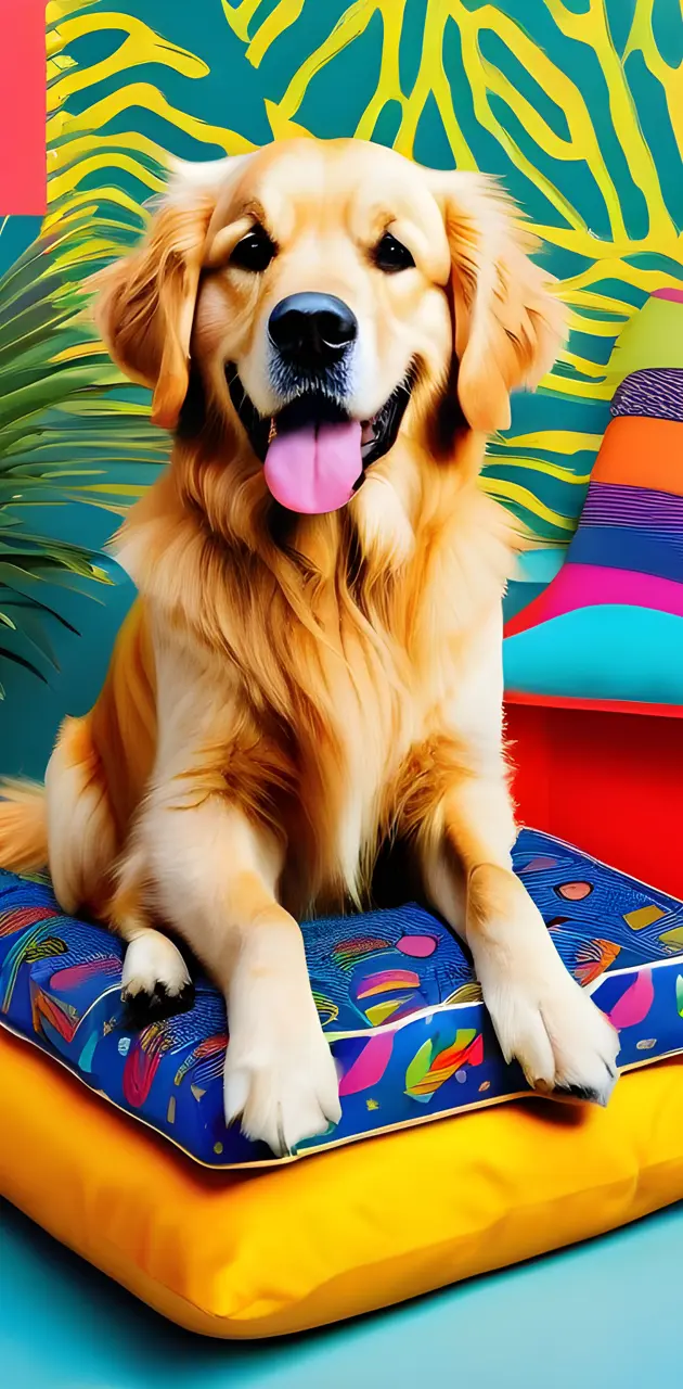 a dog sitting on a colorful chair