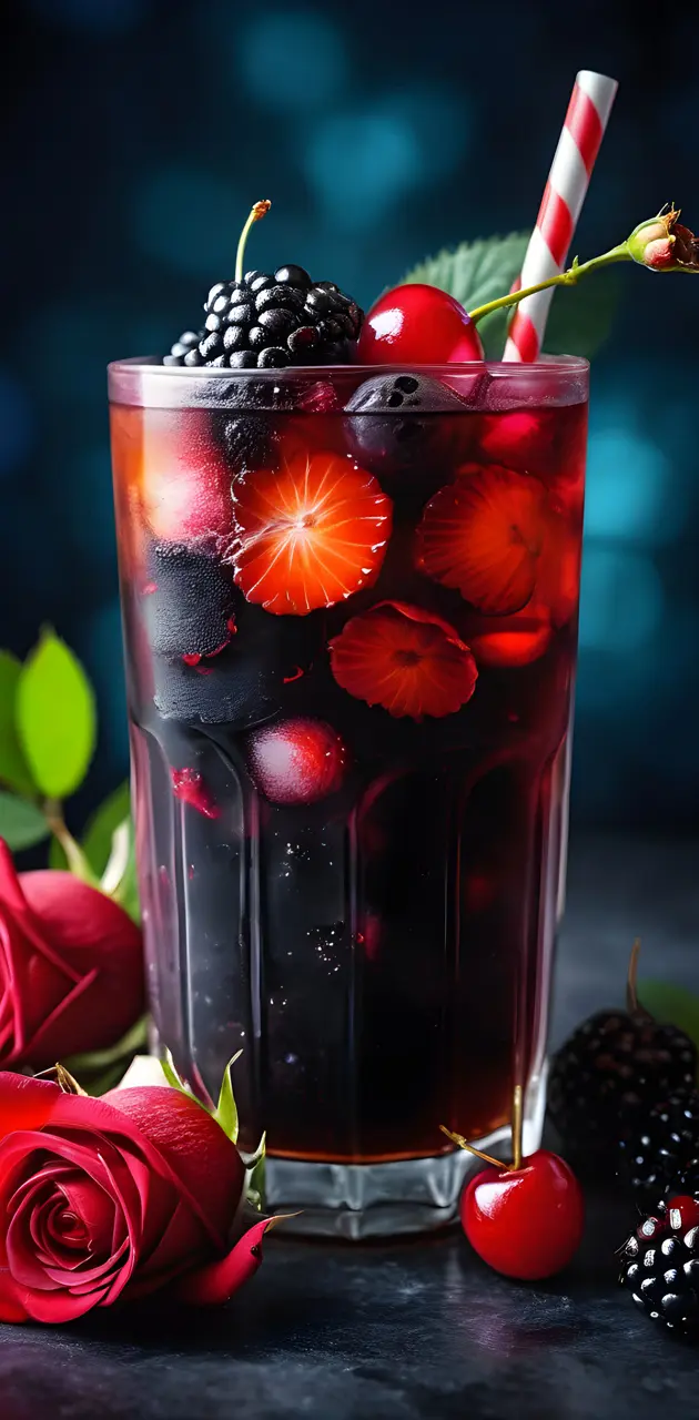 boba ice tea, blackberries and cherries, red roses