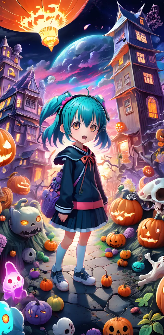 a girl standing in front of a wall of pumpkins