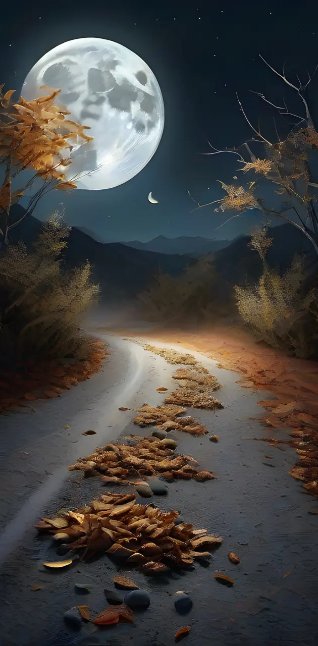 Dried leaves with gravel Road under moon light