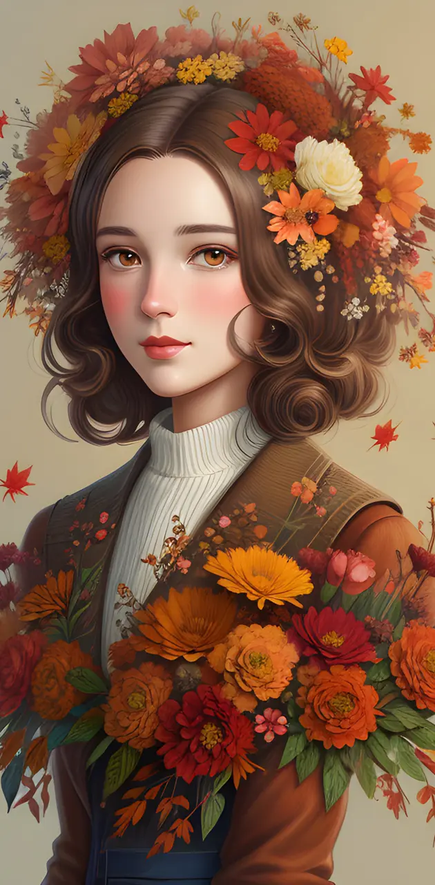 Autumn woman with flowers in her hair rare beauty Well-Dressed peace