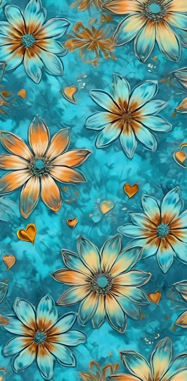 Flowers & Hearts on a Blue Background