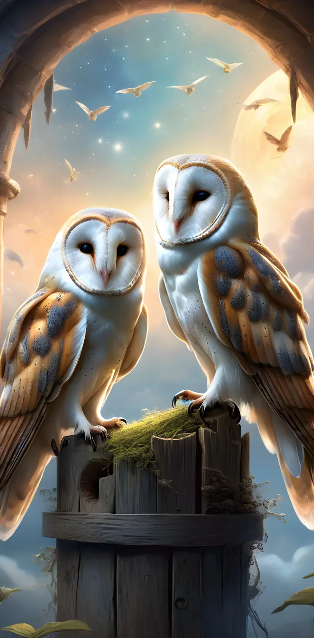 a couple of owls on a bird feeder