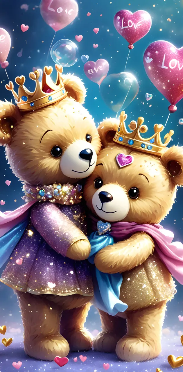 a couple of teddy bears wearing crown and holding a heart shaped