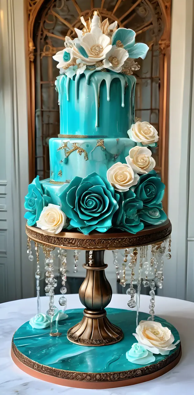 a blue cake with flowers