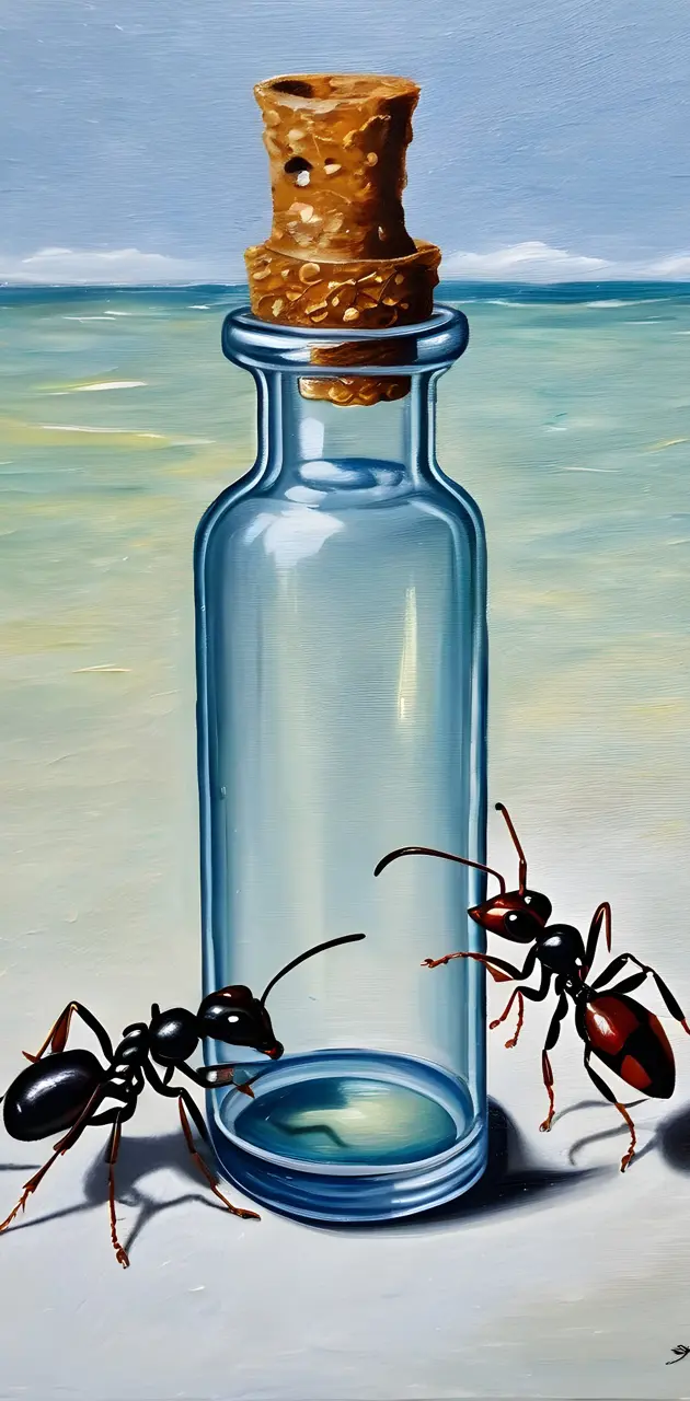 a glass bottle with a blue liquid and a couple of ants