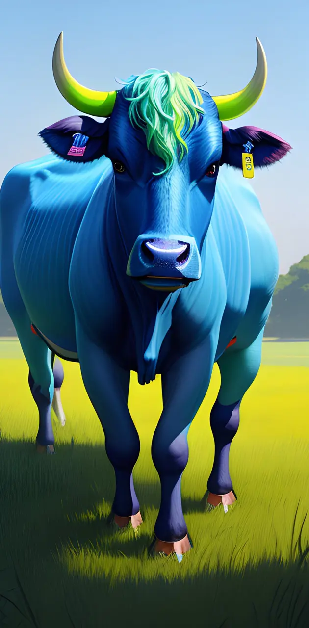 Blue cow in field