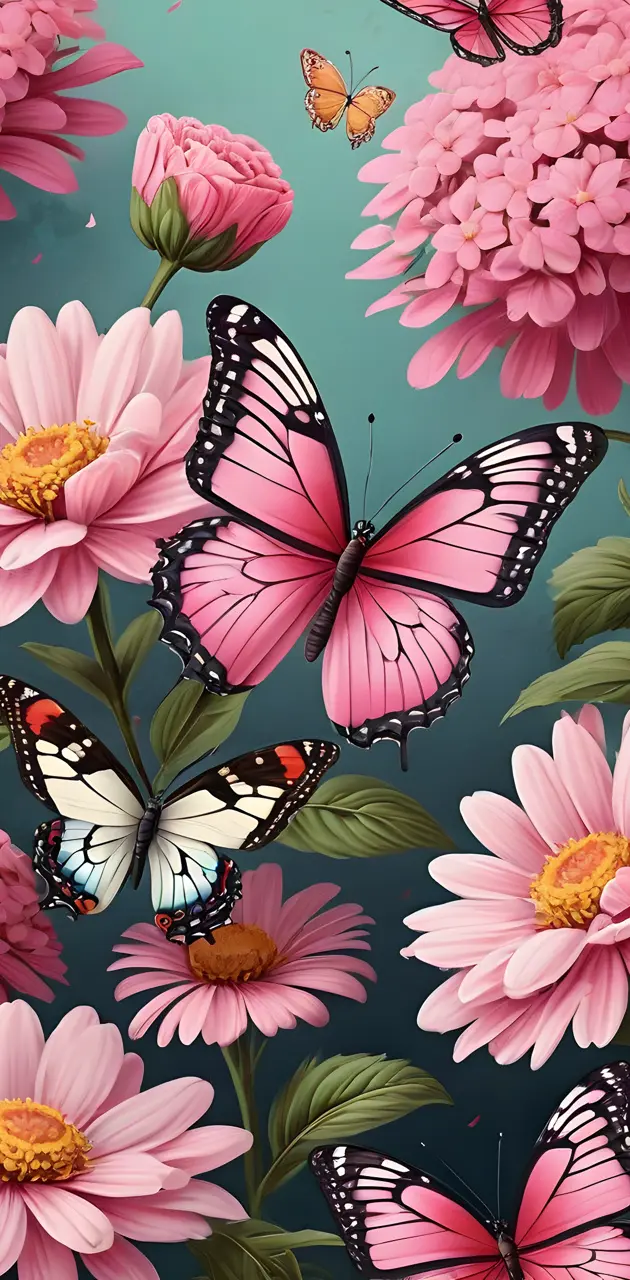pretty pink flowers and butterflies