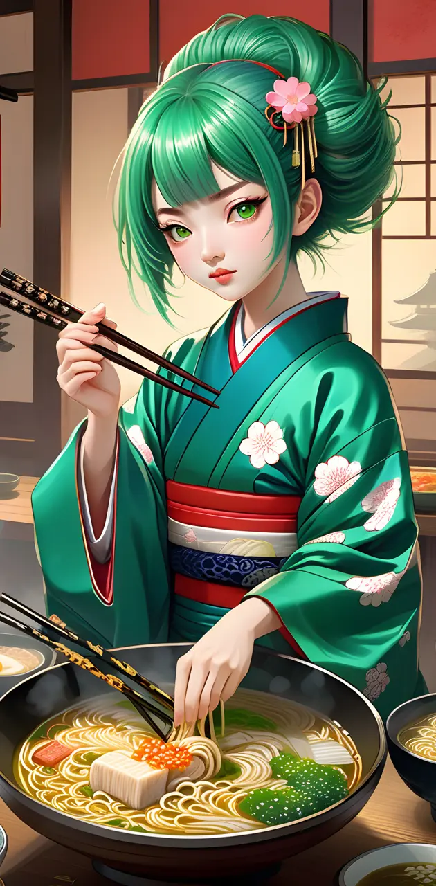 Traditional anime woman in a kimono eating noodles