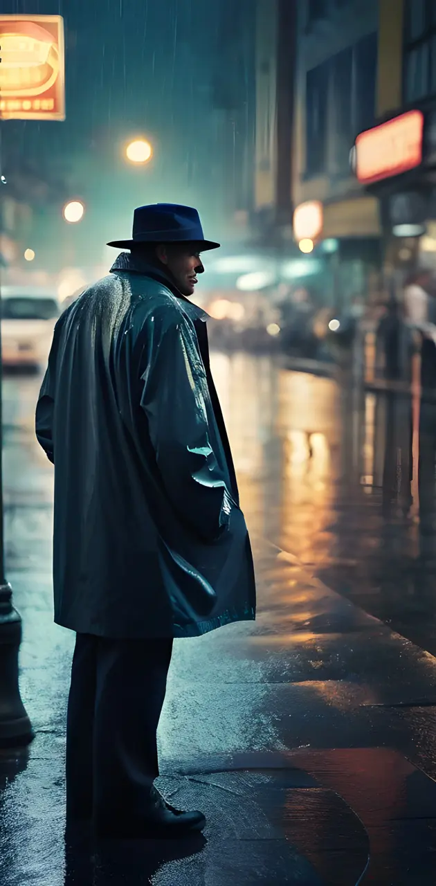 a person in a hat and coat standing on a sidewalk