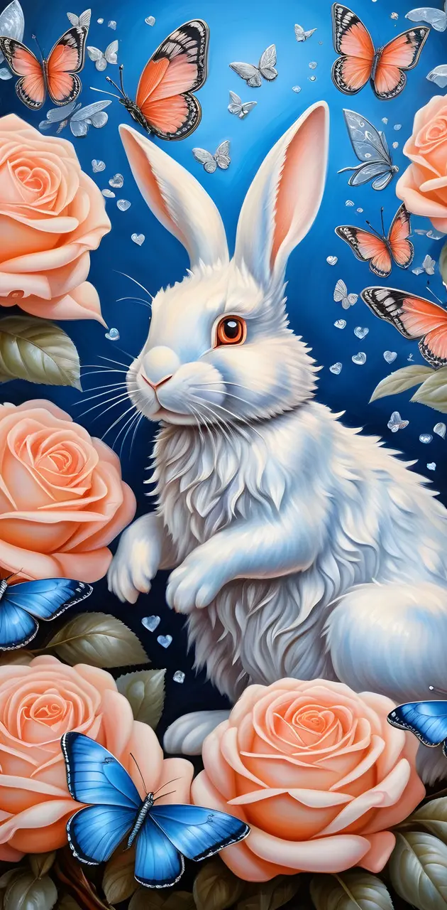 a white rabbit surrounded by colorful flowers