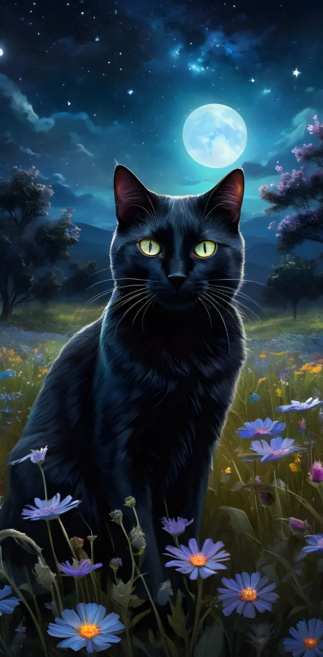 a black cat in a field of flowers and the moon in the background