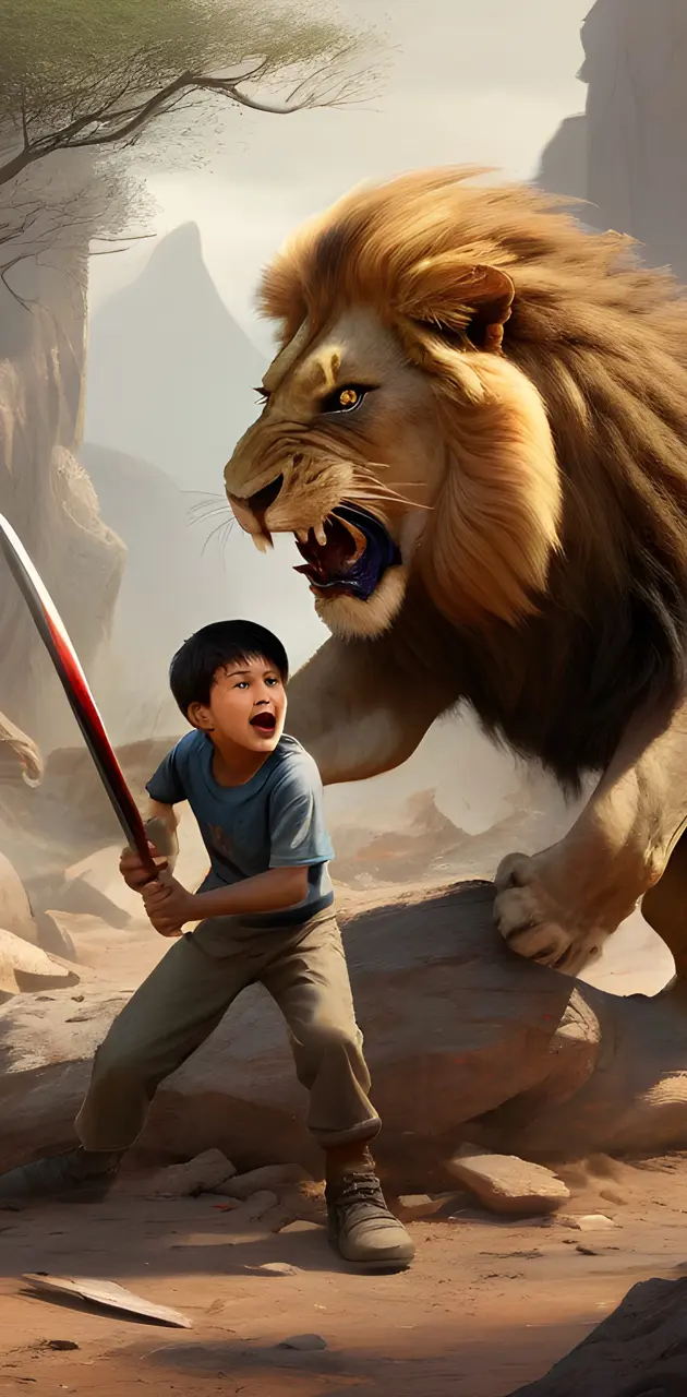 a boy kneeling next to a lion