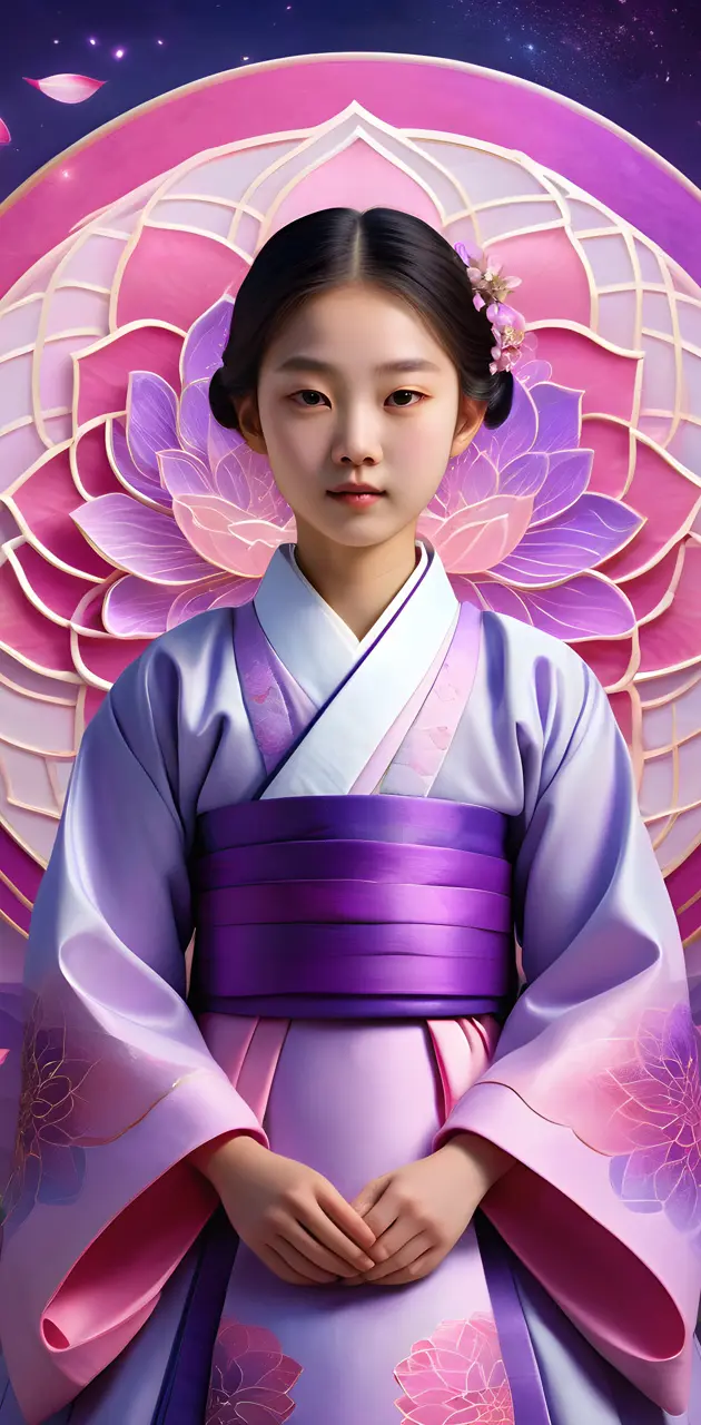 Beautiful Girl And Pink Purple Lotus Blossom Mandala