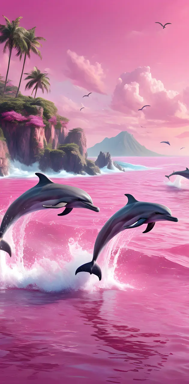 pink sea with dolphins jumping