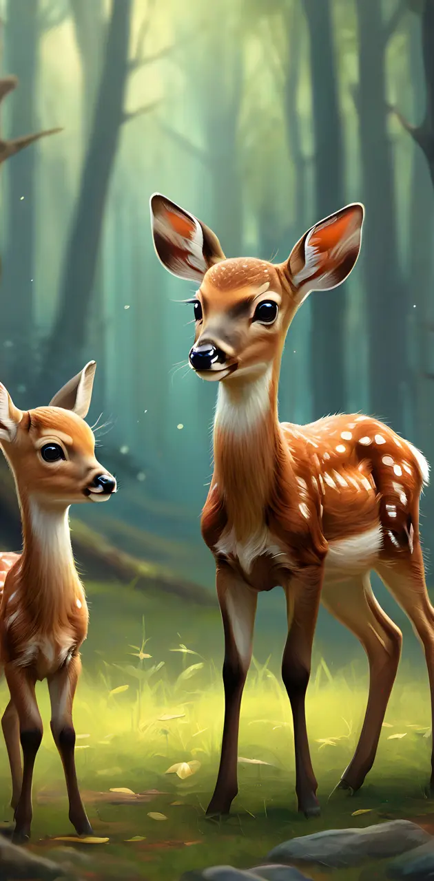 a couple deer in a forest