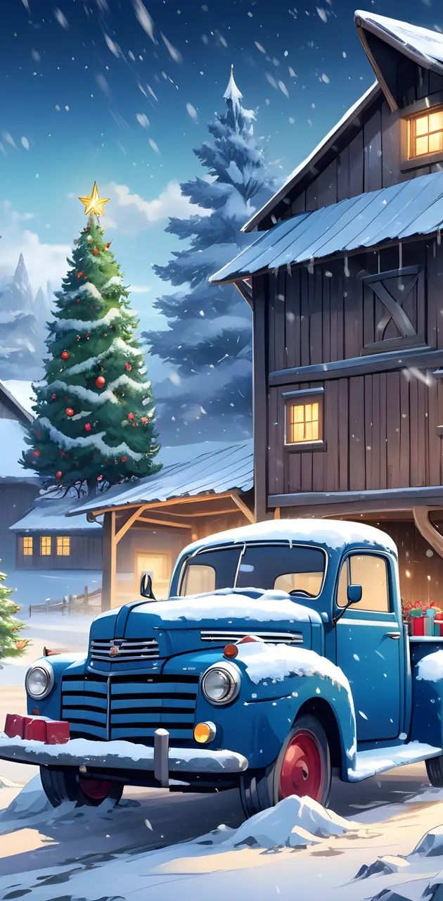 country cabin blue truck Christmas time