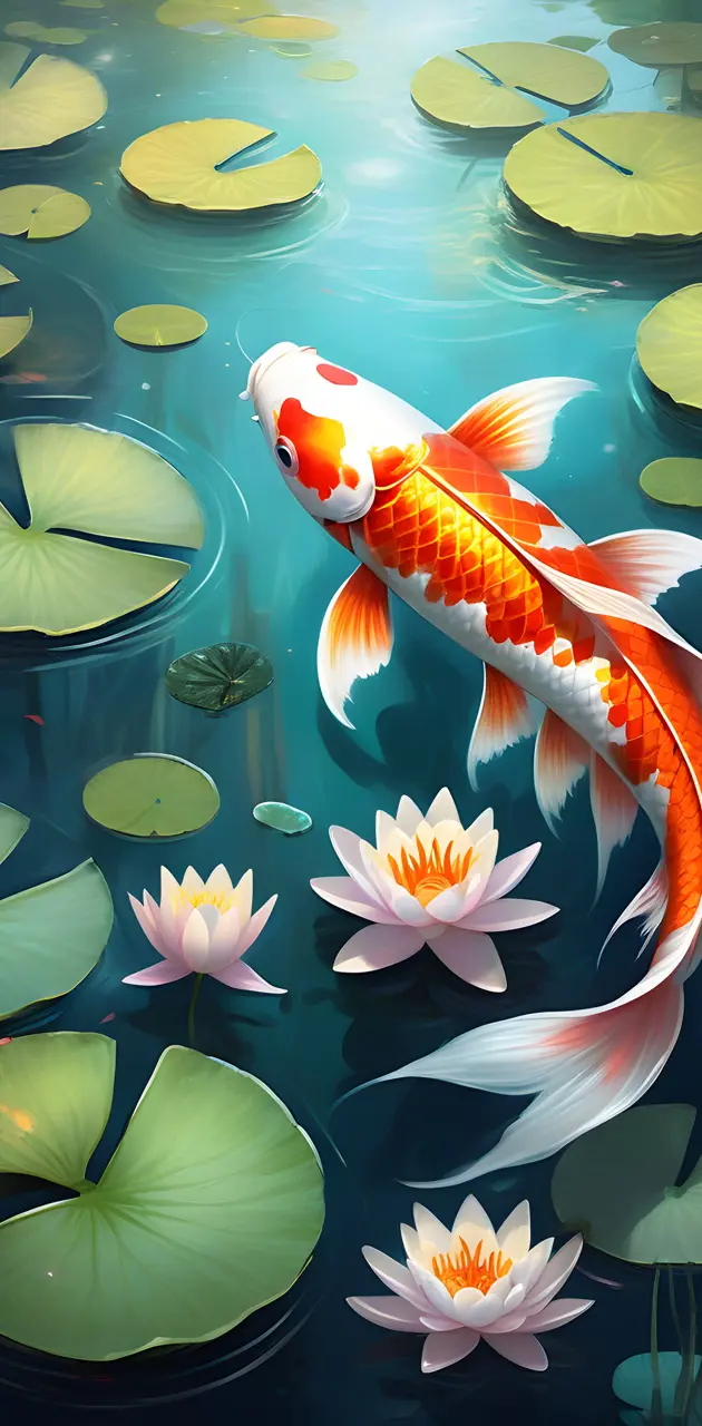 a koi fish in a pond with lily pads
