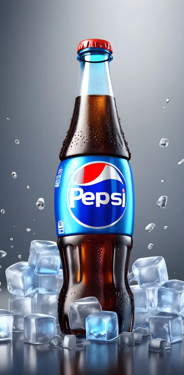Pepsi in a bottle, ice cold, sweating bottle, ice cubes,