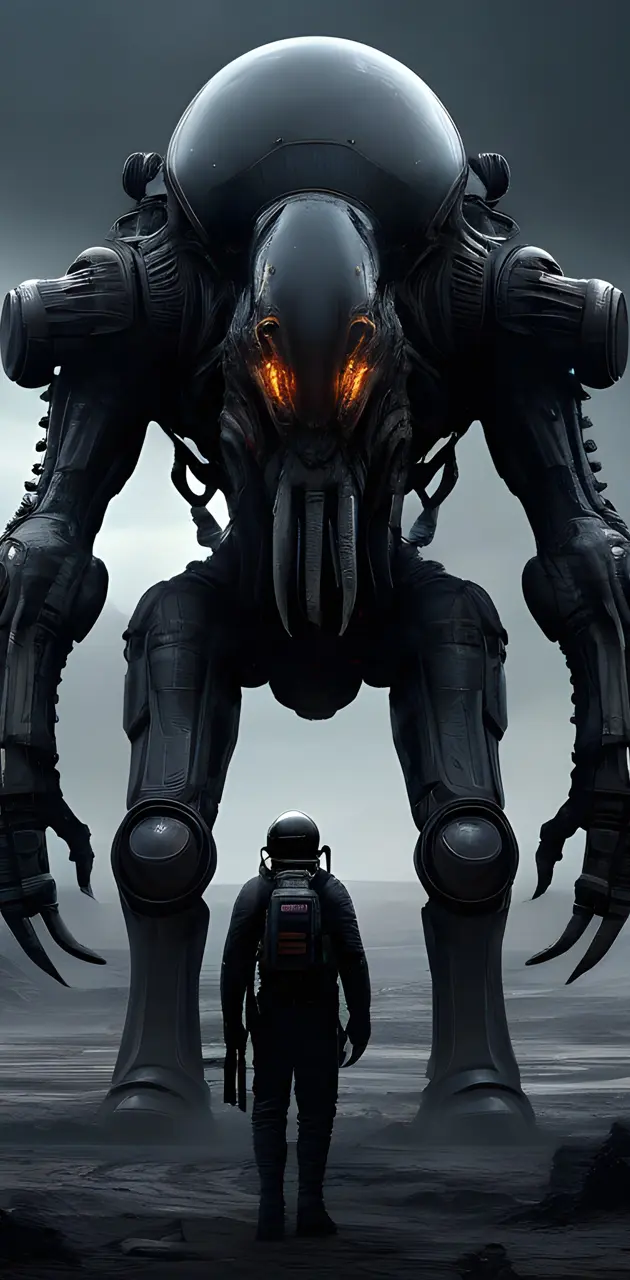 a person standing next to a large black and white robot