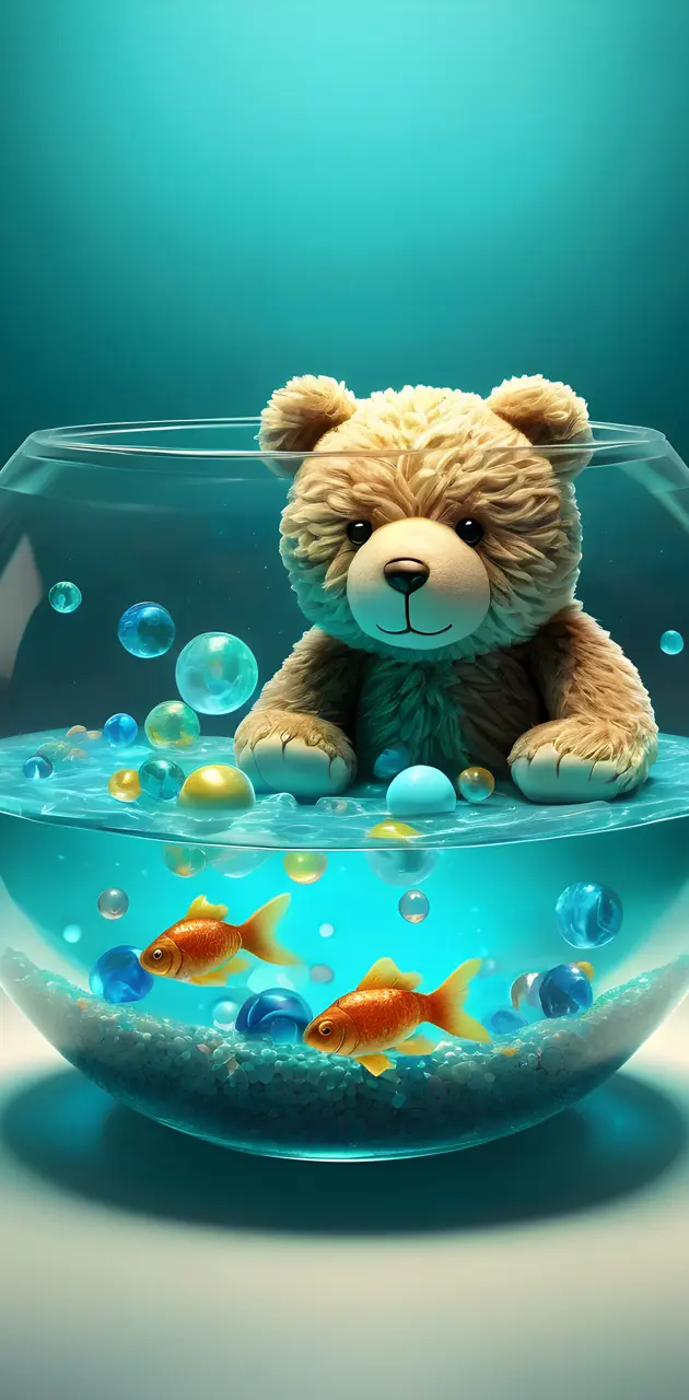 a teddy bear in a bowl of water with fish