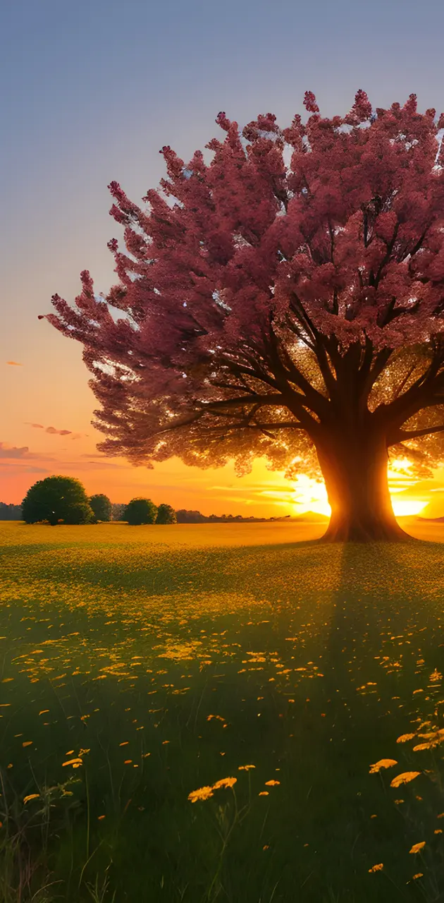 a tree with flowers in a field