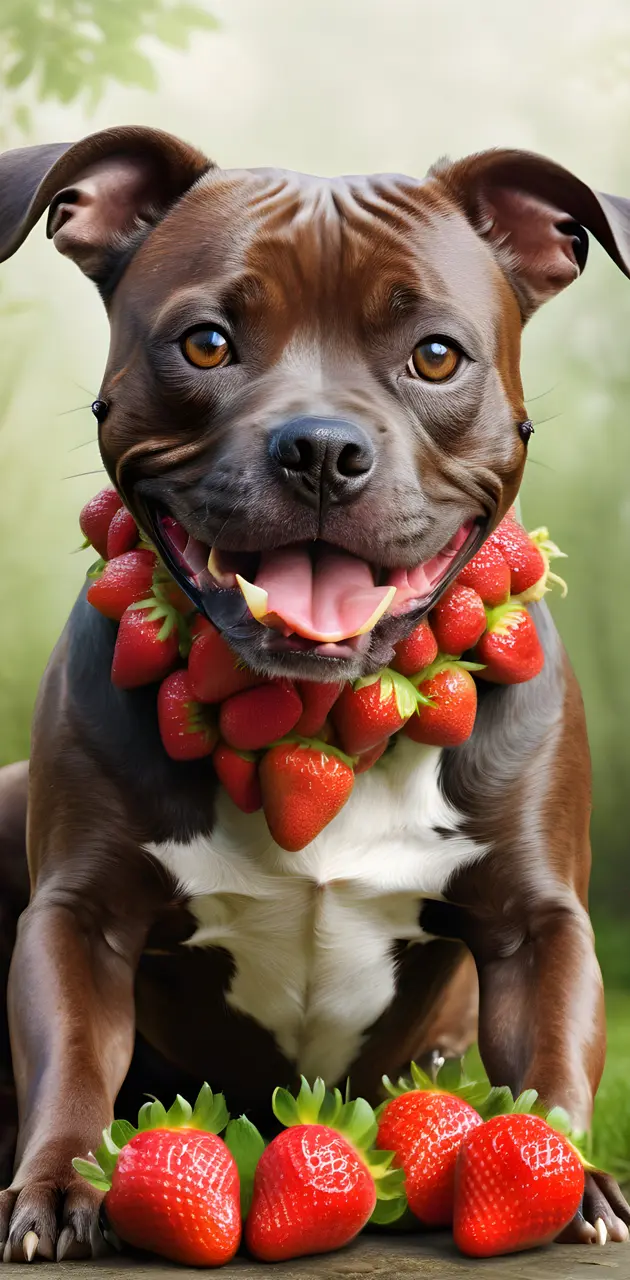 a dog with a bunch of strawberries in its mouth