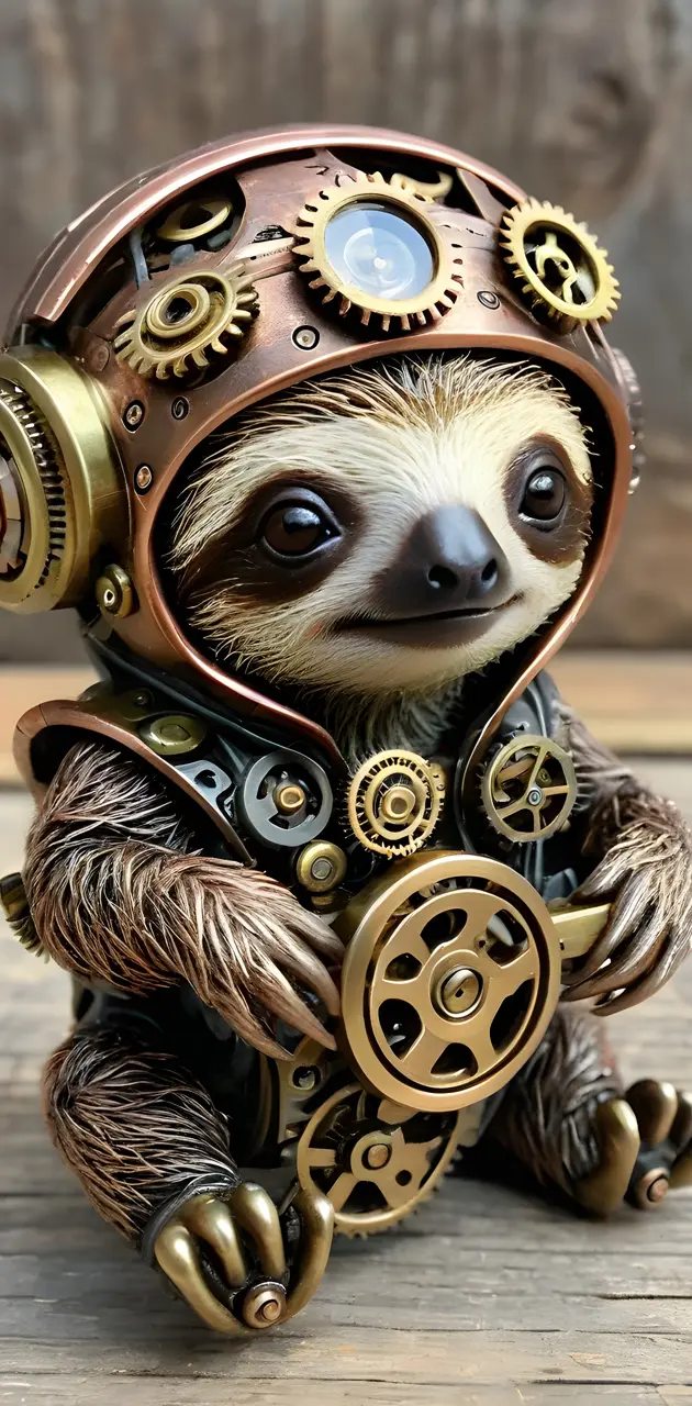 baby sloth wearing a clockwork hat