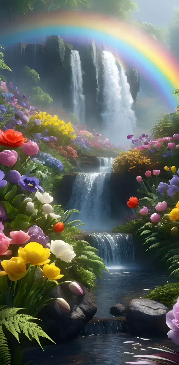 a waterfall with colorful flowers