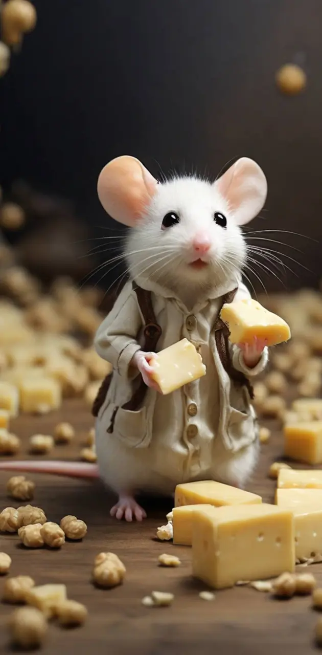  A little white mouse steals the spotted with cheese.