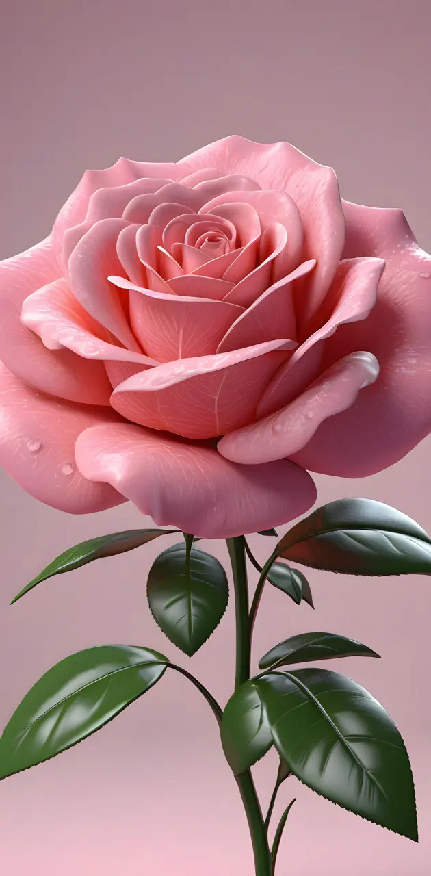 3d a pink rose with green leaves