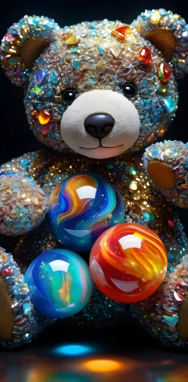 a teddy bear with a bunch of blue and white eggs