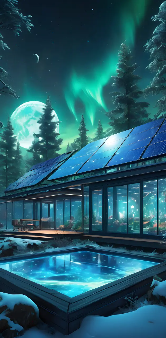 Stunning Lunarpunk Solarpunk Abode With Bioluminescent Pond